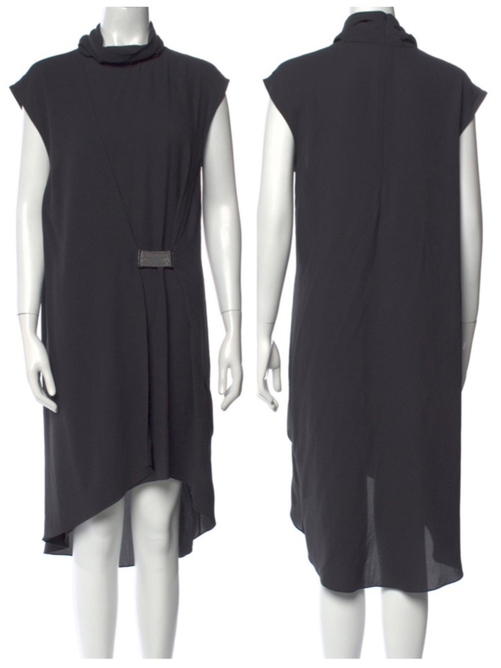 Brunello Cucinelli Draped Silk Mockneck Gray Cap Sleeve Monili Tunic Mini Dress - Picture 16 of 16
